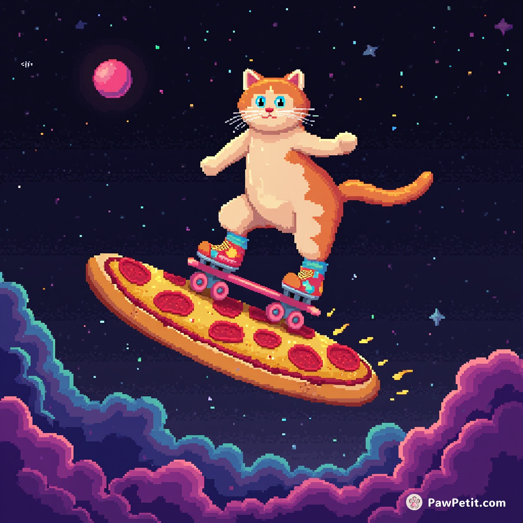 Cat roller skating atop a floating, rainbow-colored pizza slice in space.