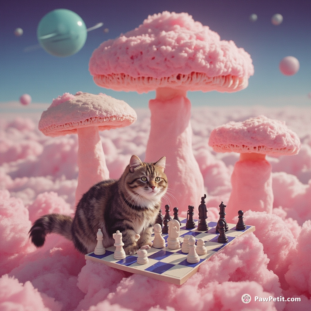 A cat playing chess with aliens on a mushroom shaped planet, under a cotton candy sky.