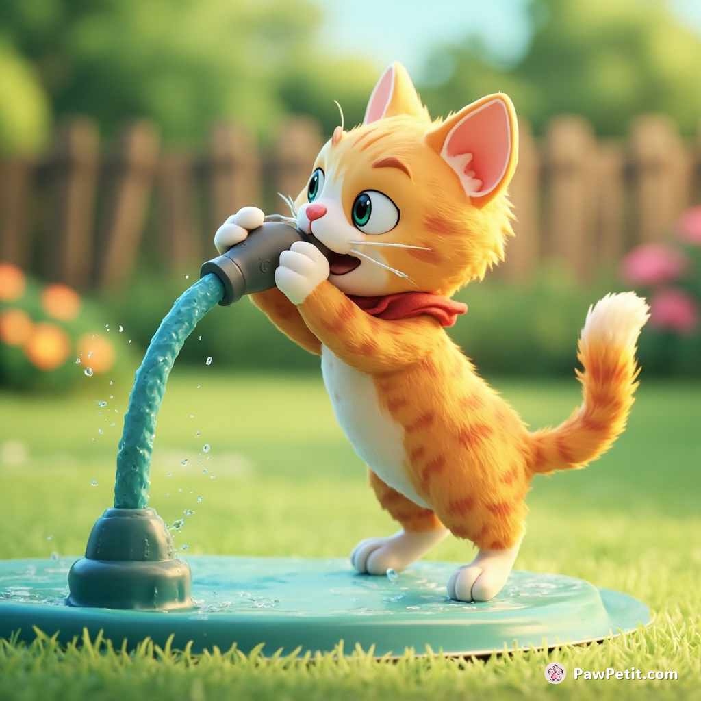 The cat leaps, paws flailing, attempting to sip from a garden hose like a human with a water fountain.