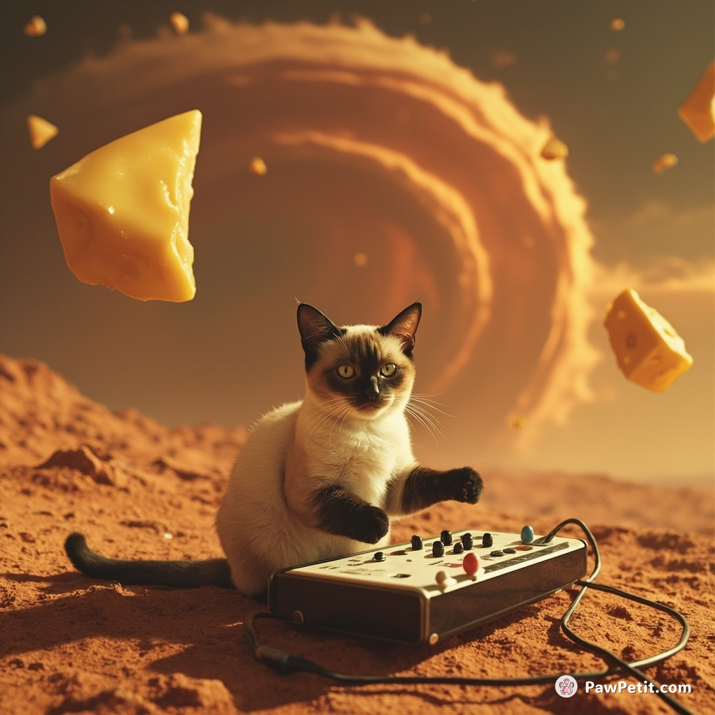 A regal Siamese cat playing a theremin on Mars, with swirling vortexes and giant levitating cheese in the background.