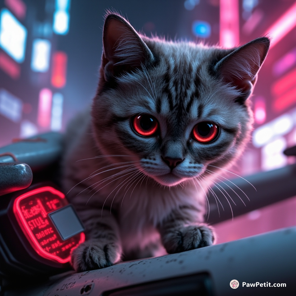 Stealthily, the sleek cat swipes crucial data chip from a guarded drone, crimson eyes gleaming amid neon dystopian cityscape.