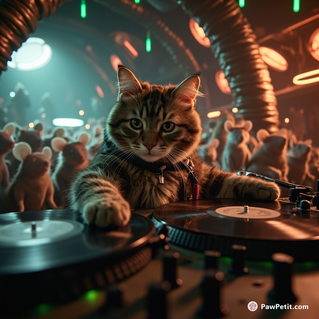 Cat DJ scratching vinyl records at a disco onboard an alien spaceship, with dancing mice as his audience.