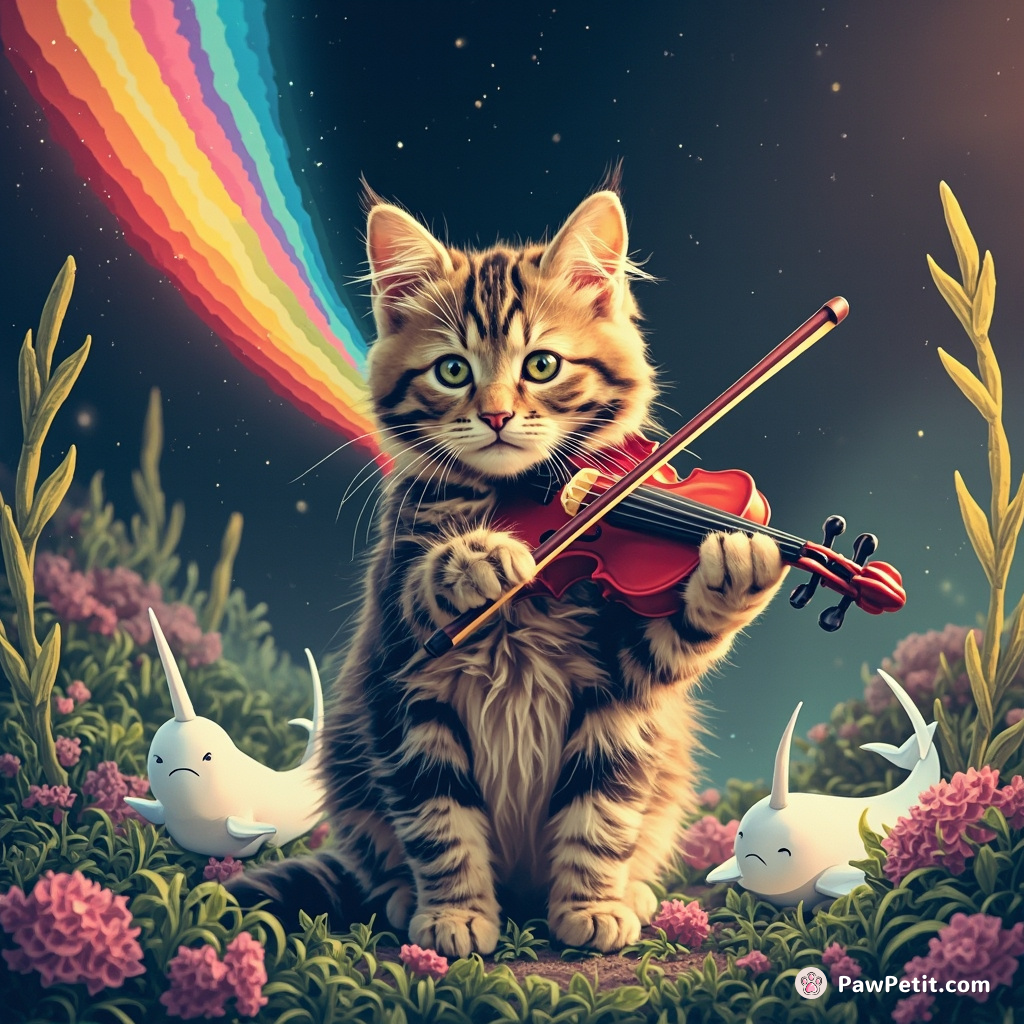 A tabby cat playing a futuristic violin that emits rainbows in a lush alien garden, surrounded by miniature narwhals.