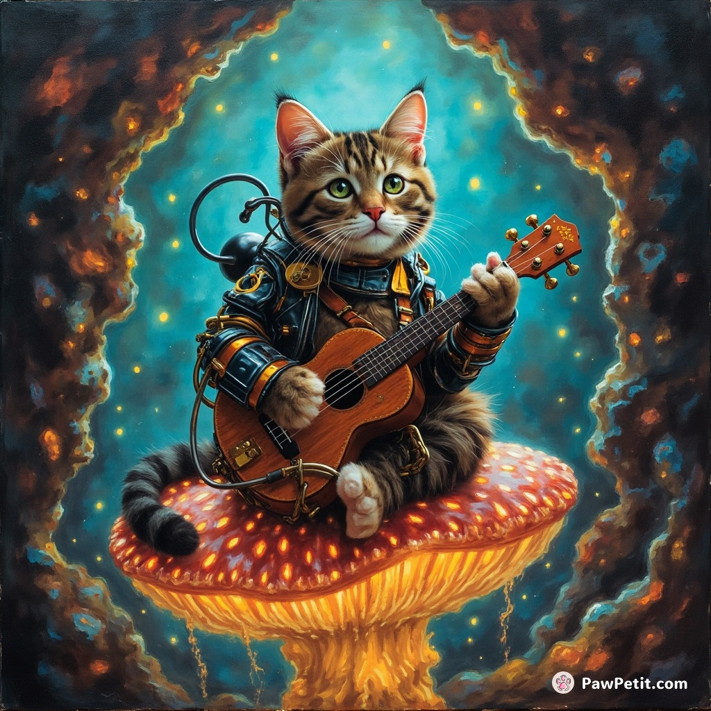 A cybernetic steampunk cat playing an electric ukulele atop a crystalline mushroom in a bio-luminescent cave.