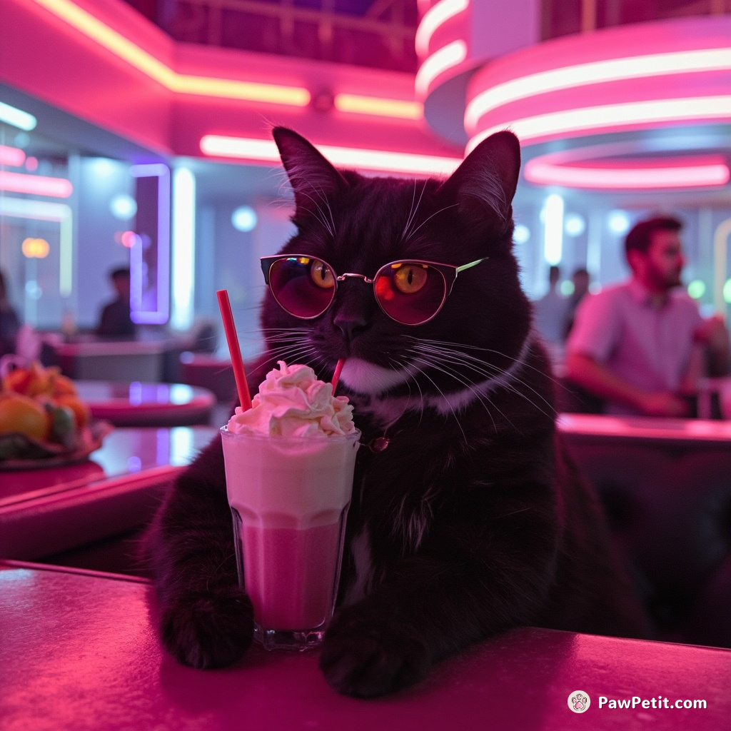 A fancy cat sipping on a neon milkshake at a retro bar in an alien city.