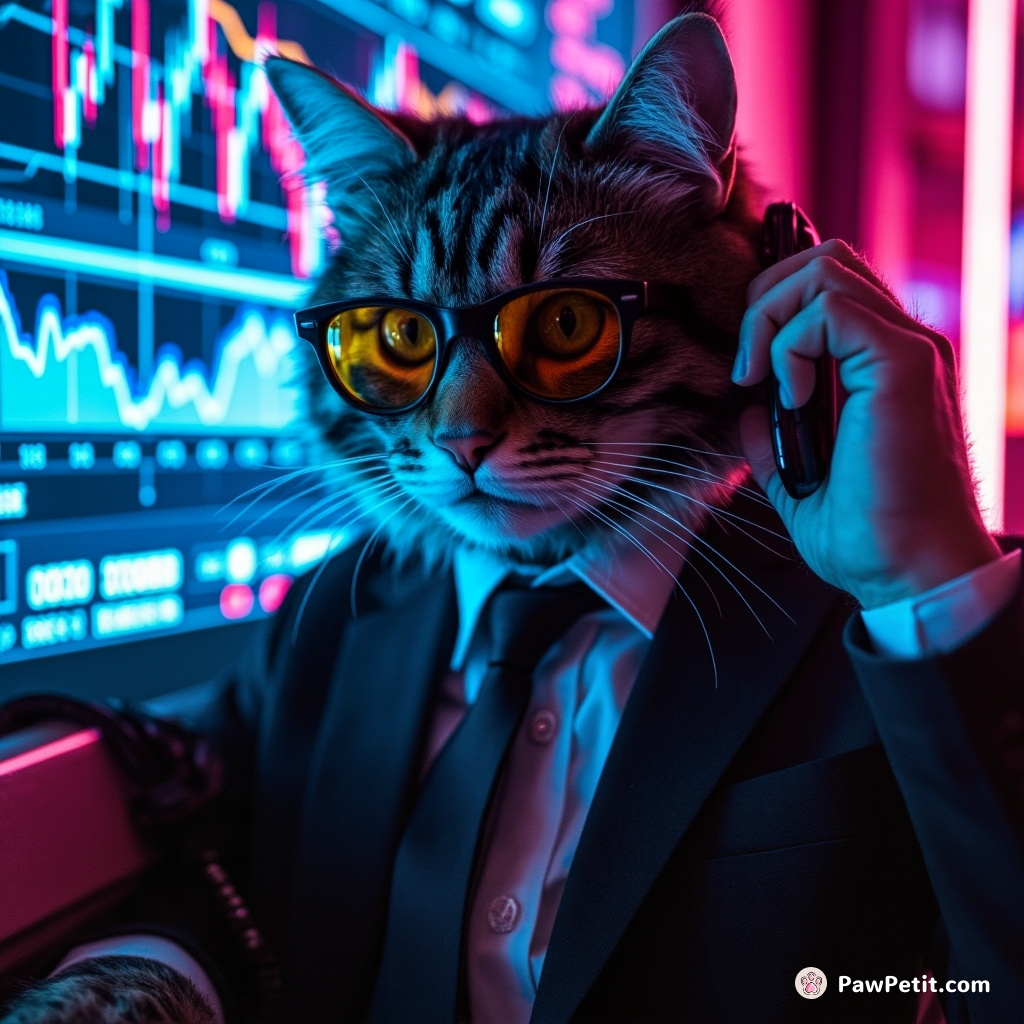 Cat dons a suit, puts phone on "speaker," and triggers massive stock sell by sharply clawing at trading app.