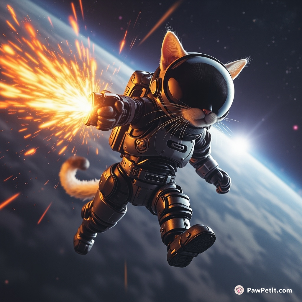 Tux, the cyborg cat, engaged quantum engines on an autoscaled spacesuit, leaping multiverse boundaries in one mighty strike.
