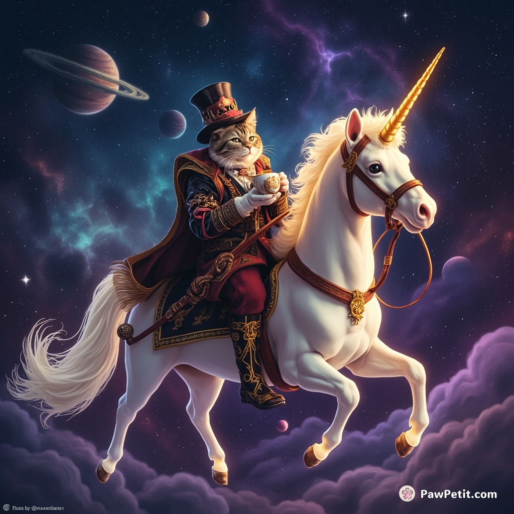 Victorian-era cat sipping Earl Grey tea in a whimsical armor, casually time-traveling on an LED-backlit unicorn through the vast nebula.