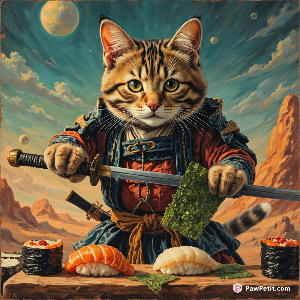 A samurai cat making sushi on an alien planet with its katana-drawn seaweed sheets.