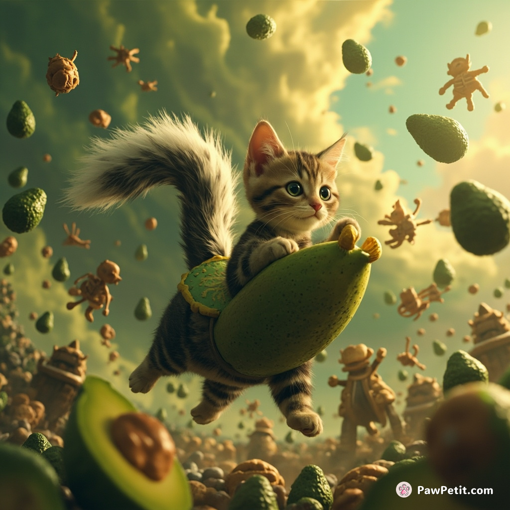 Cat astride a giant dandelivan, conducting a full-sized skunk orchestra in the middle of an avocado storm.