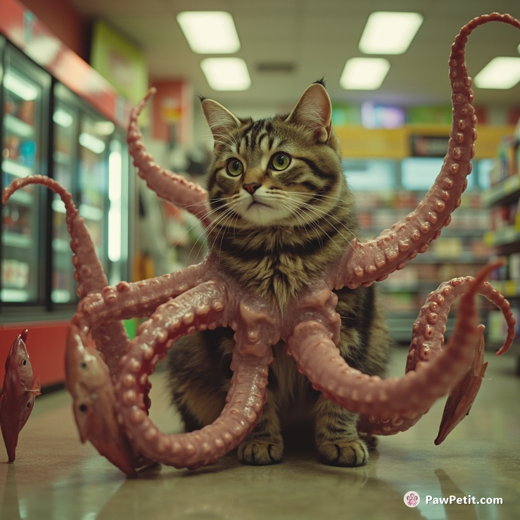 Cat trying to disguise itself as an octopus by using floppy fish at a supermarket.