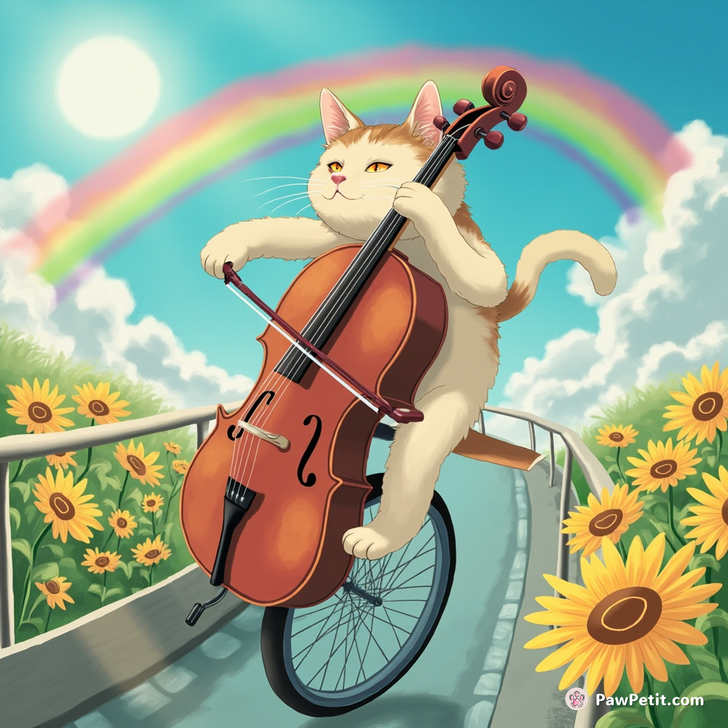 Cat playing cello while riding a unicycle on the rainbow bridge.