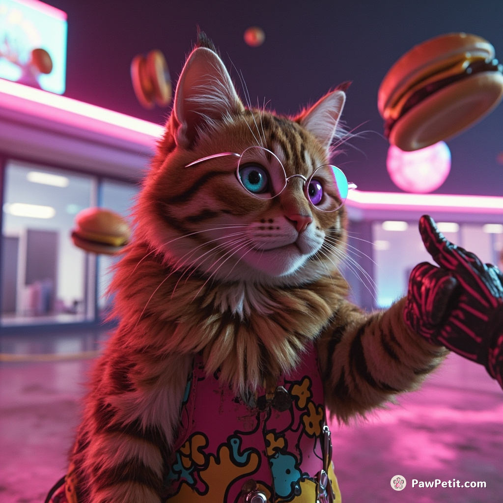 A punk rock orange tabby cat high-fiving an alien, surrounded by floating cheeseburgers in a neon-lit skate park.