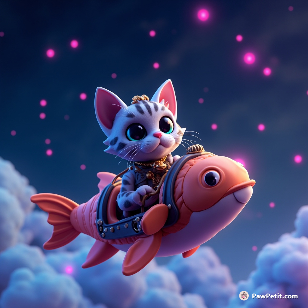 Steampunk cat piloting a floating fish-shaped airship in a midnight sky lit with neon constellations.