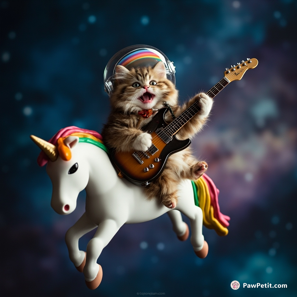 Cat playing an electric guitar while flying on a rainbow-topped unicorn in outer space.