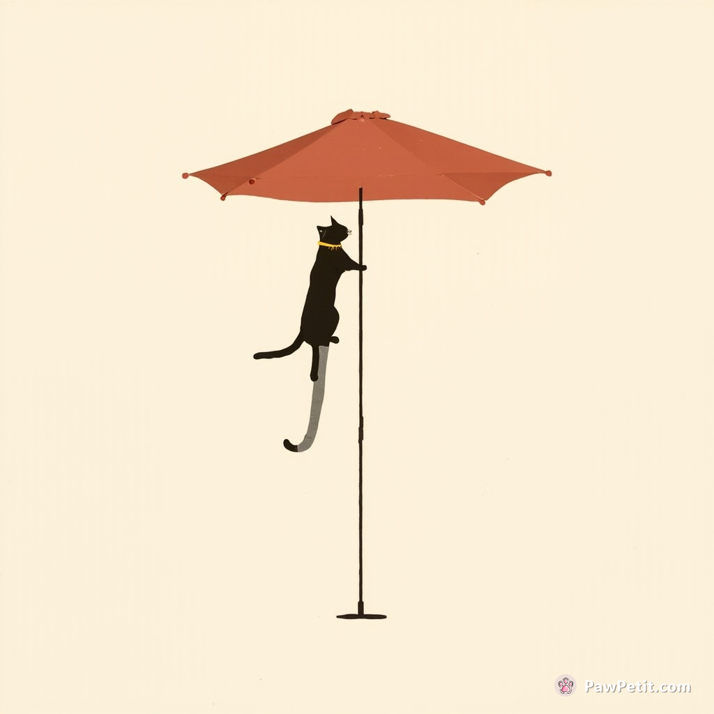 The cat scales the patio umbrella pole, then slides down with regal flair, like a feline fireman.
