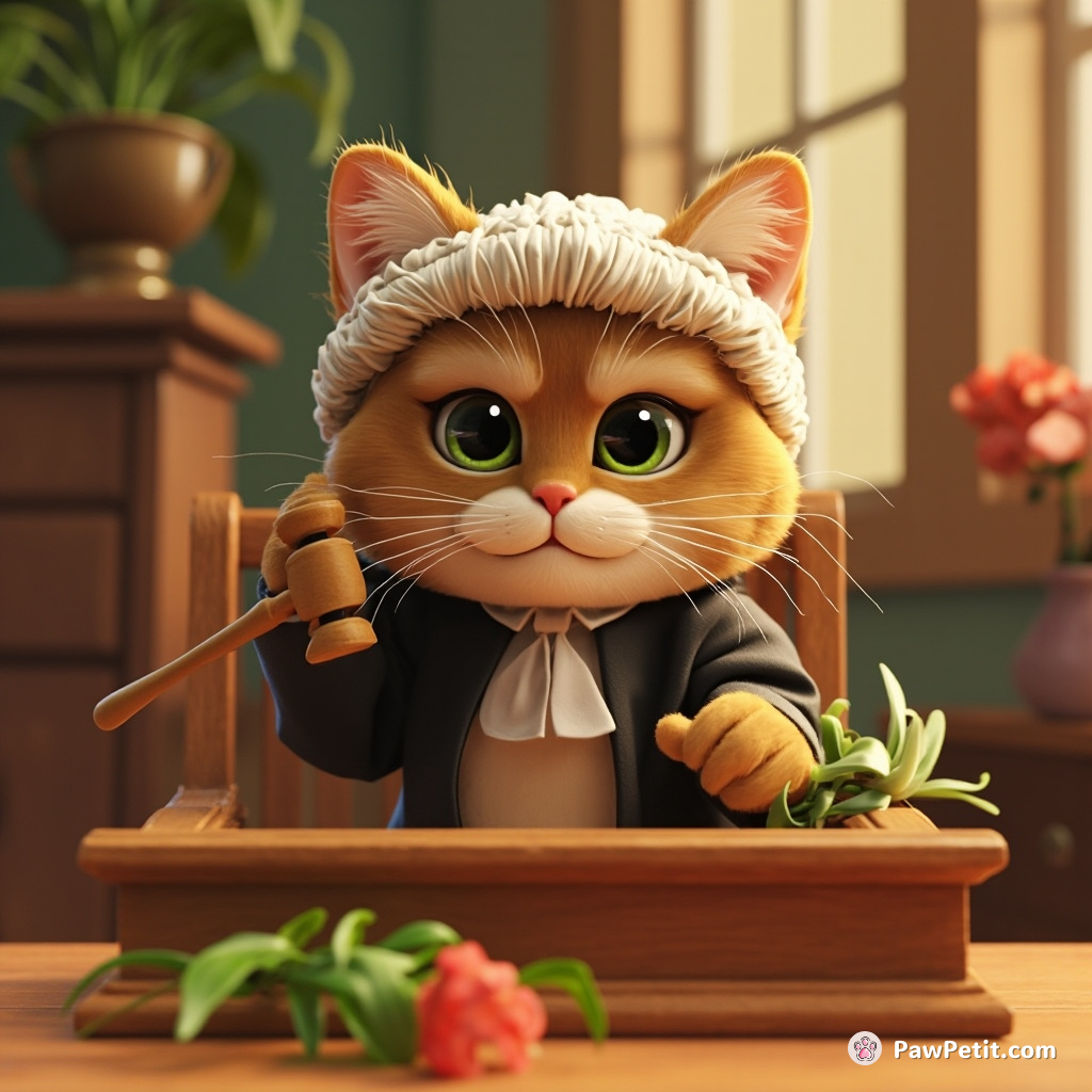 Cat, wearing judge's wig, bangs tiny gavel with exaggerated severity, passing purr-judgementô over knocked-over houseplants in 'Kitten's Court'.