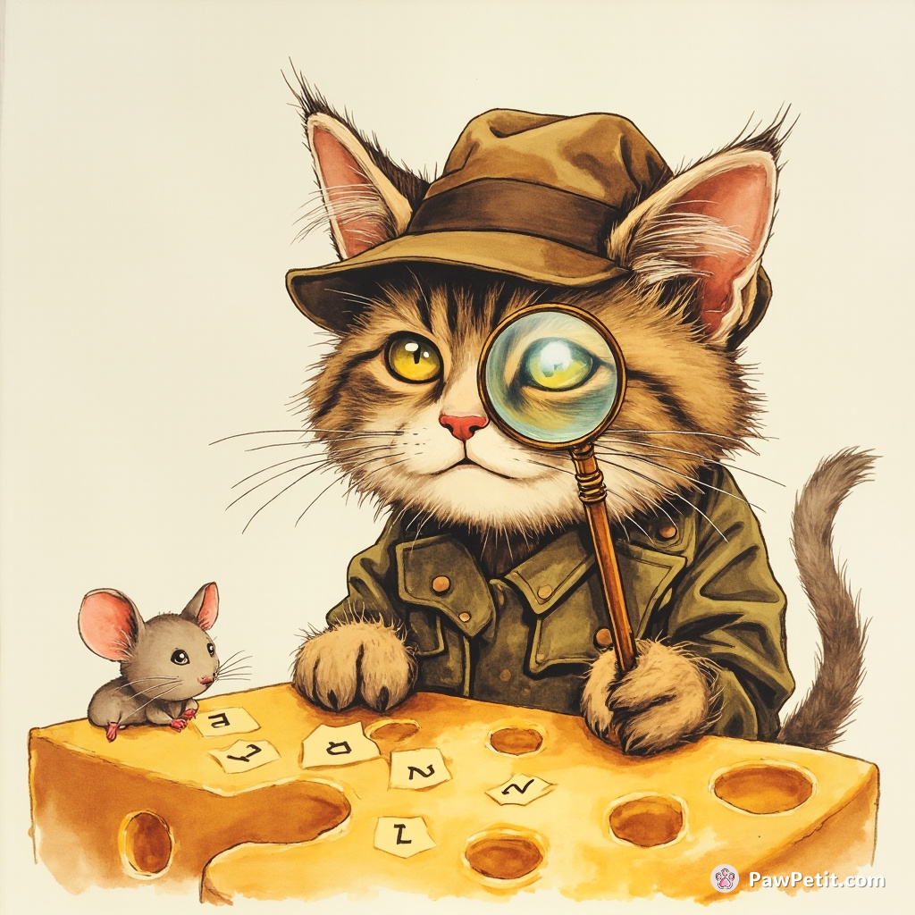 A post-apocalyptic housecat-detective, using a monocle magnifying glass, decoding alphabet soup messages left by robot mice in a cheese-planet.