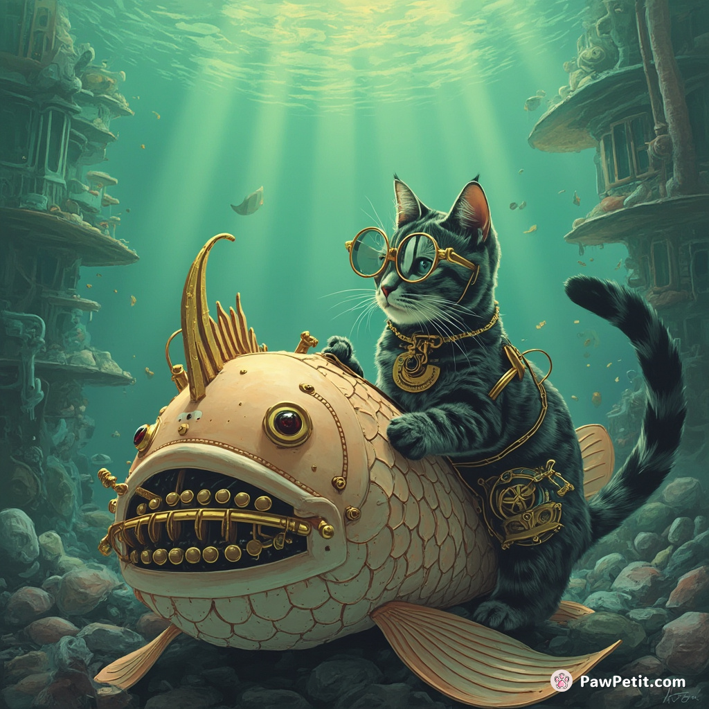 A Steampunk-inspired cat operating a biomechanic fish-shaped typewriter in an underwater city.