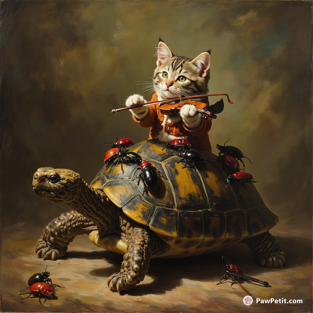 A cat conducting an orchestra of beetles on the back of a giant turtle.