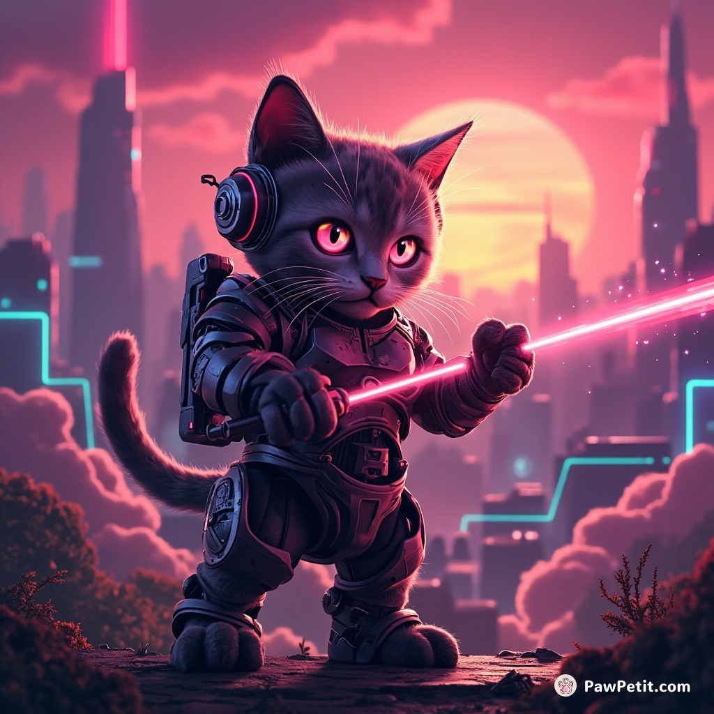 Cyborg cat defending a futuristic city landscape with its laser claws under an alien sunset.
