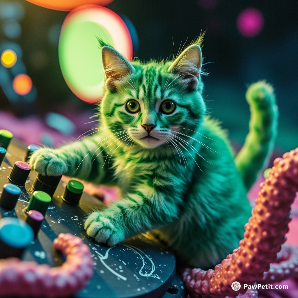 Sprightly Jupiter, emerald cat, flipped levers on the cephalopod-made console with determined tail-swipes, commandeering synth-organic warp drive.
