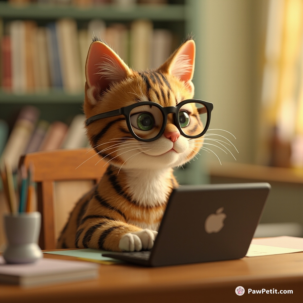 Cat sits at a tiny desk, glasses perched on nose, typing furiously on a toy laptop, convinced it's drafting a novel.