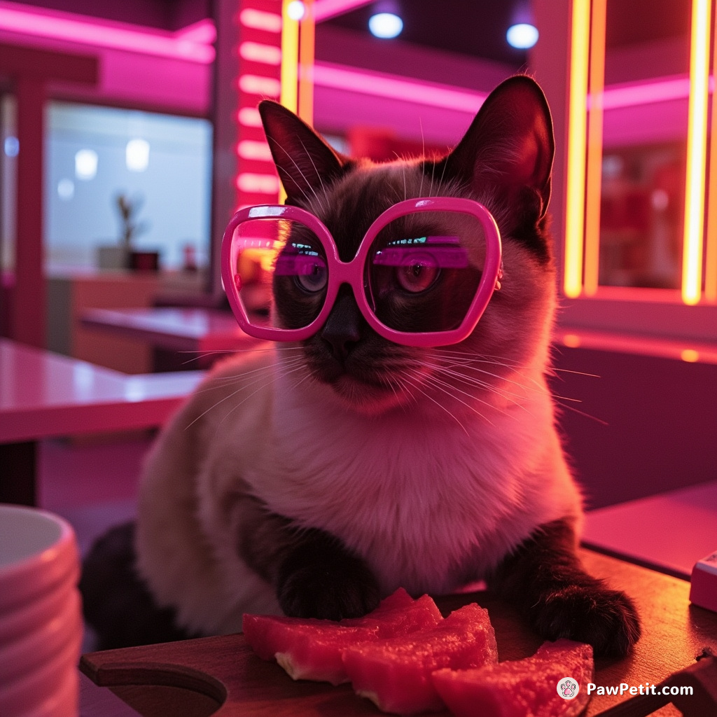 A Siamese cat wearing oversized neon spectacles serving watermelon slices in a small, velvety art deco sushi bar on Mars.
