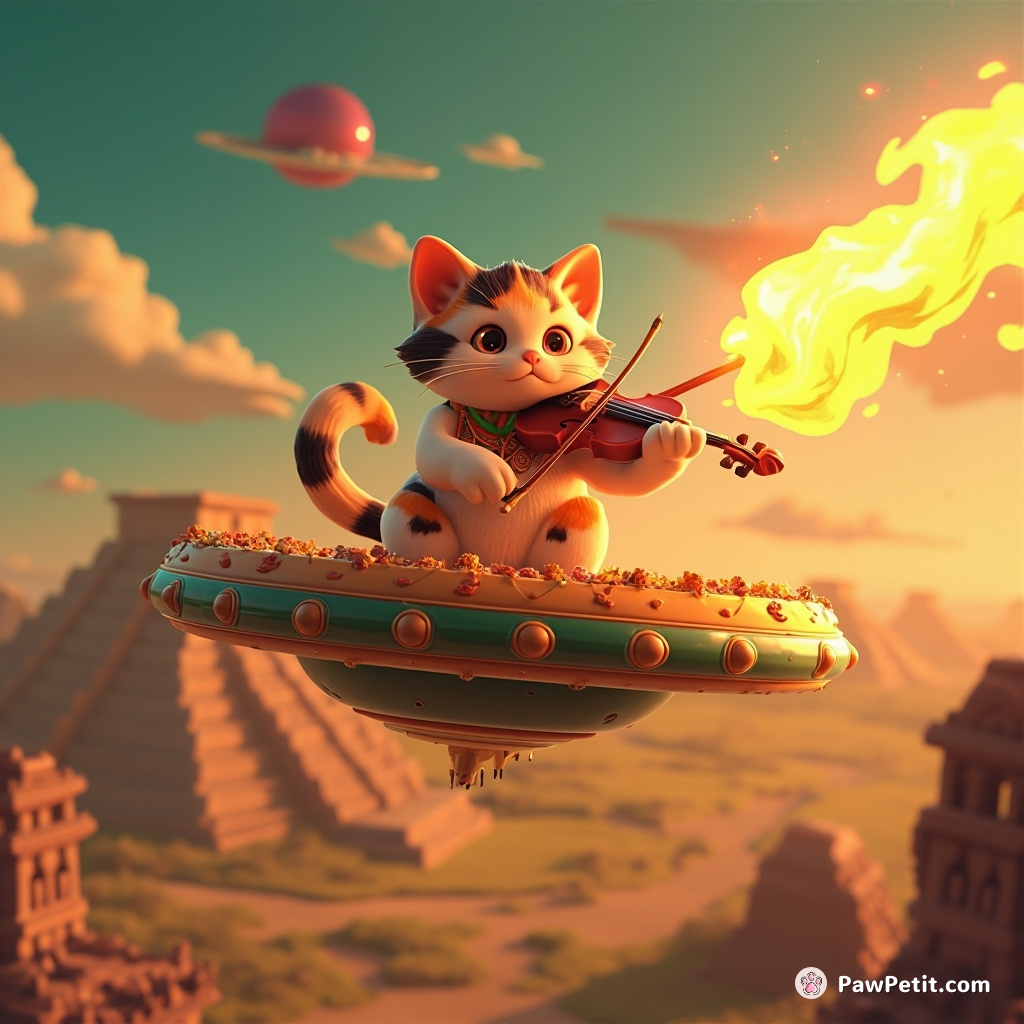 A calico cat playing a flaming violin on a taco UFO hovering over an ancient Mayan city.