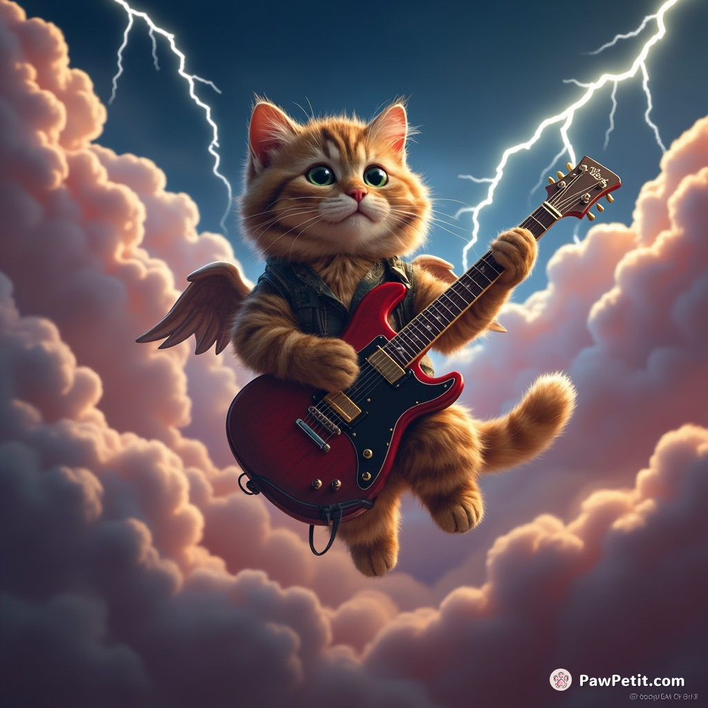 Cat sprouting wings, playing an electric guitar amidst lightning clouds; facial expression like a rock star.