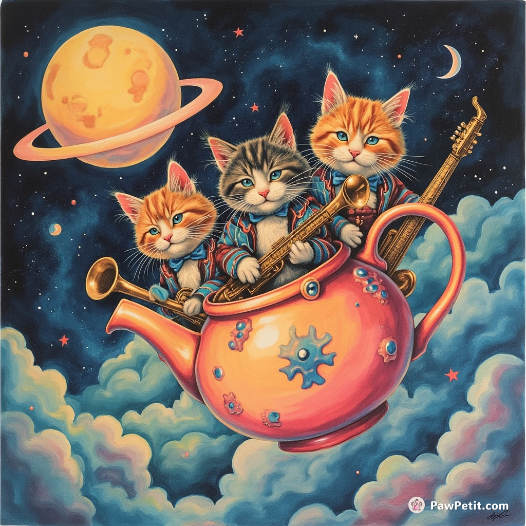 A jazz band of psychedelic neon tabbies grooving fiercely on shrink ray-sized instruments inside a floating teapot orbiting an alien cheese moon.