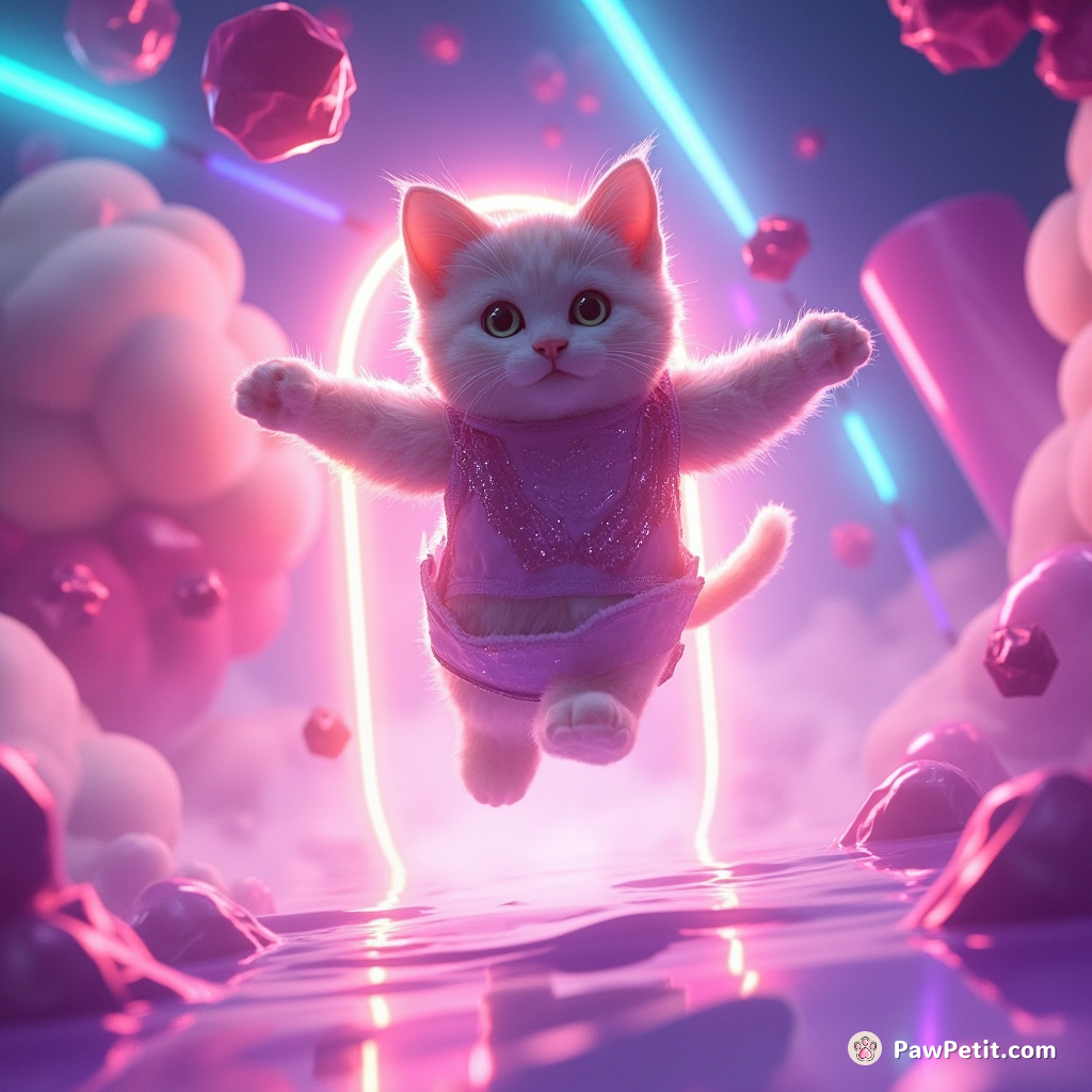 The digital feline gracefully leaps through shimmering portals, weaving through neon landscapes with ethereal elegance.