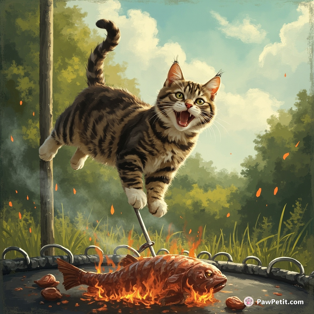 Mischievous tabby cat using a trampoline to leap onto outdoor barbecue, accidentally skewering owner's "catch of the day".