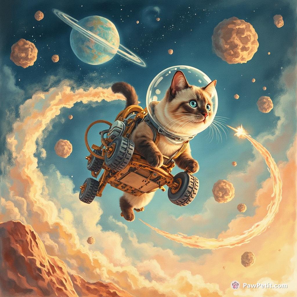 Mitten, an ingenious Siamese, hijacks a rogue asteroid-mining rover, nimbly triggering gravity-defying loops through extraterrestrial zones.