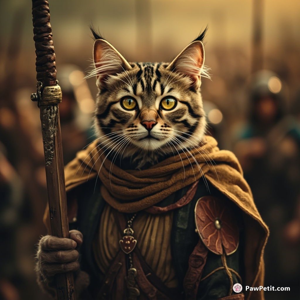 In a world of myth, a cat's purr becomes a war anthem, celebrated as a heroic speech that unites warring tribes.