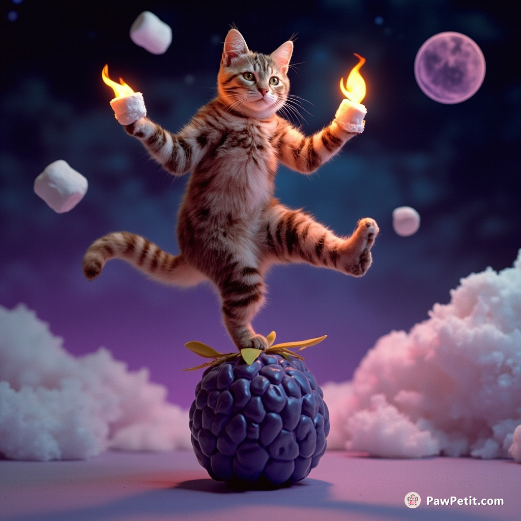 A cat tap-dancing on a giant blueberry while juggling flaming marshmallows under an alien night sky.