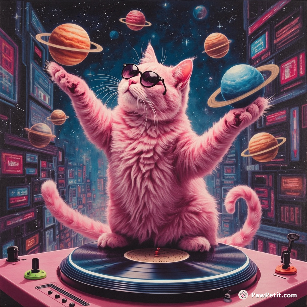 A bubblegum pink cat juggling miniature star-shaped planets atop a spinning turntable in a sparkly neon cyberpunk cityscape.