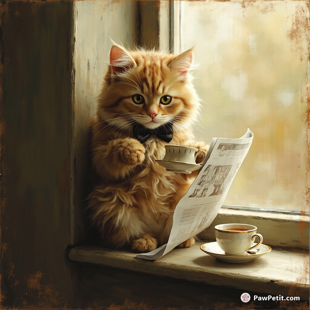 Fluffy dons a bow tie, sipping imaginary tea while perched on a windowsill, pretending to read the newspaper.