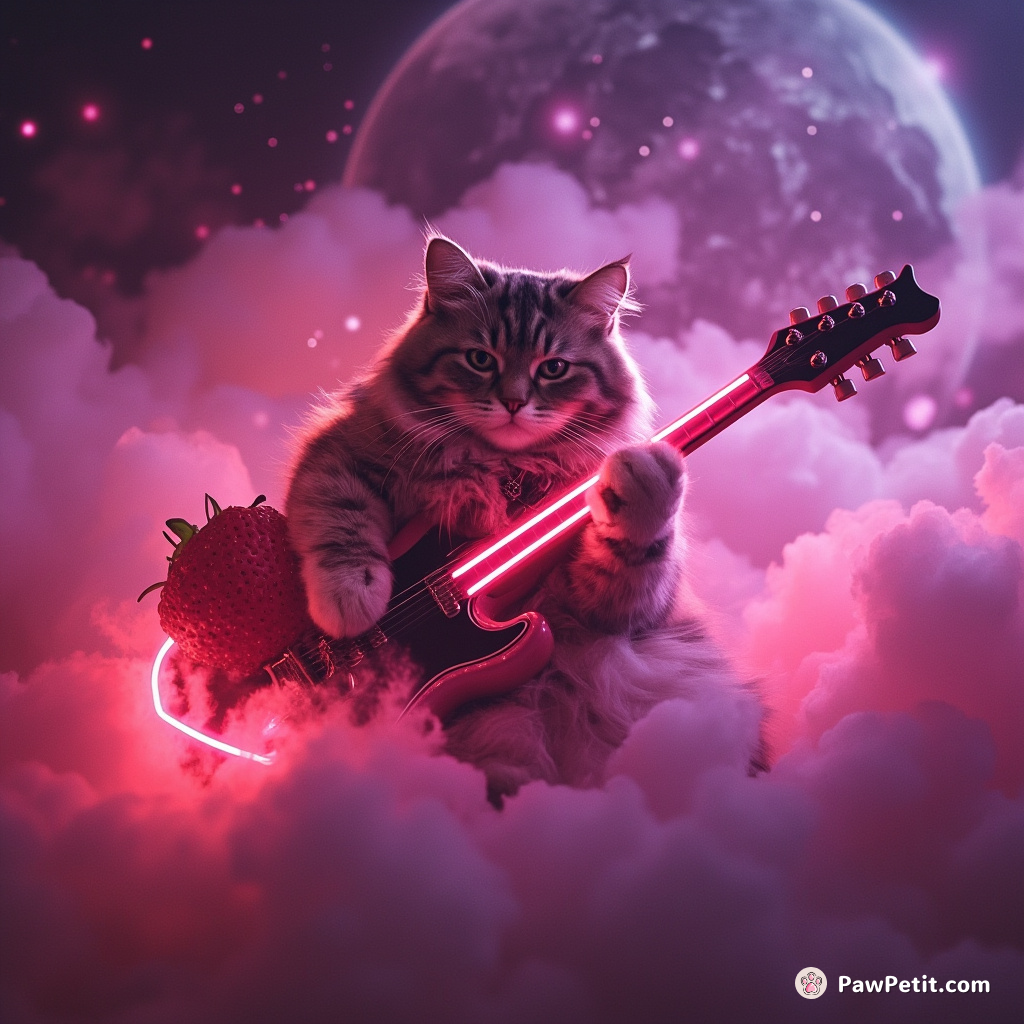 Chubby celestial cat performing a rock solo on a neon tree-sized strawberry guitar in the swirling mists of Venus.