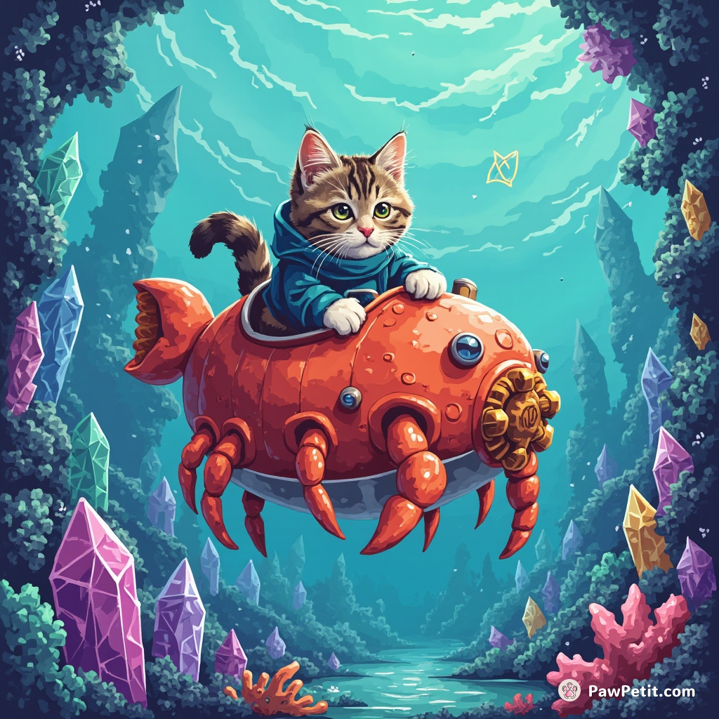 Cat commandeering a crab-formed submarine in an underwater crystal city.