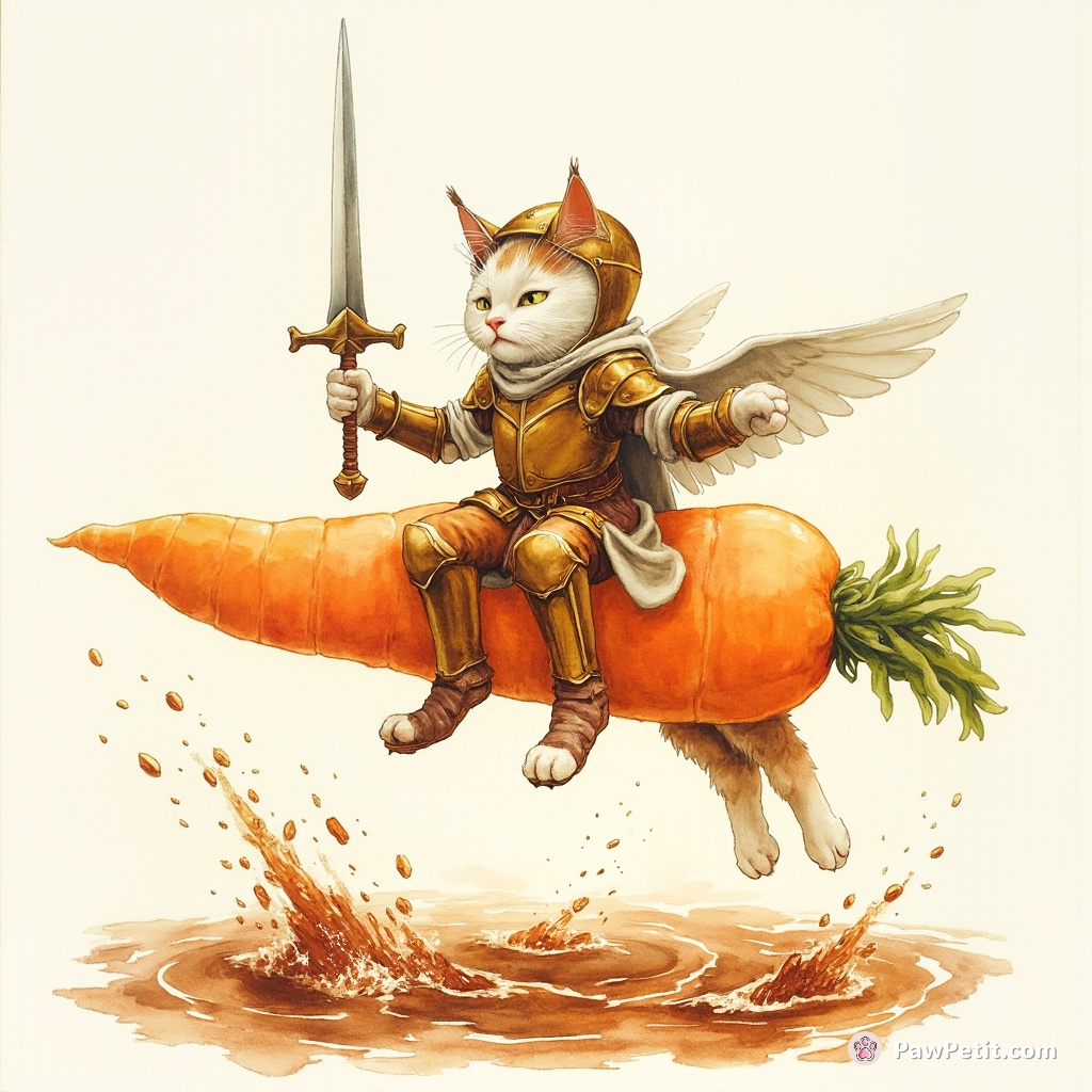 Cat knight riding a winged carrot over an ocean of soda pop.