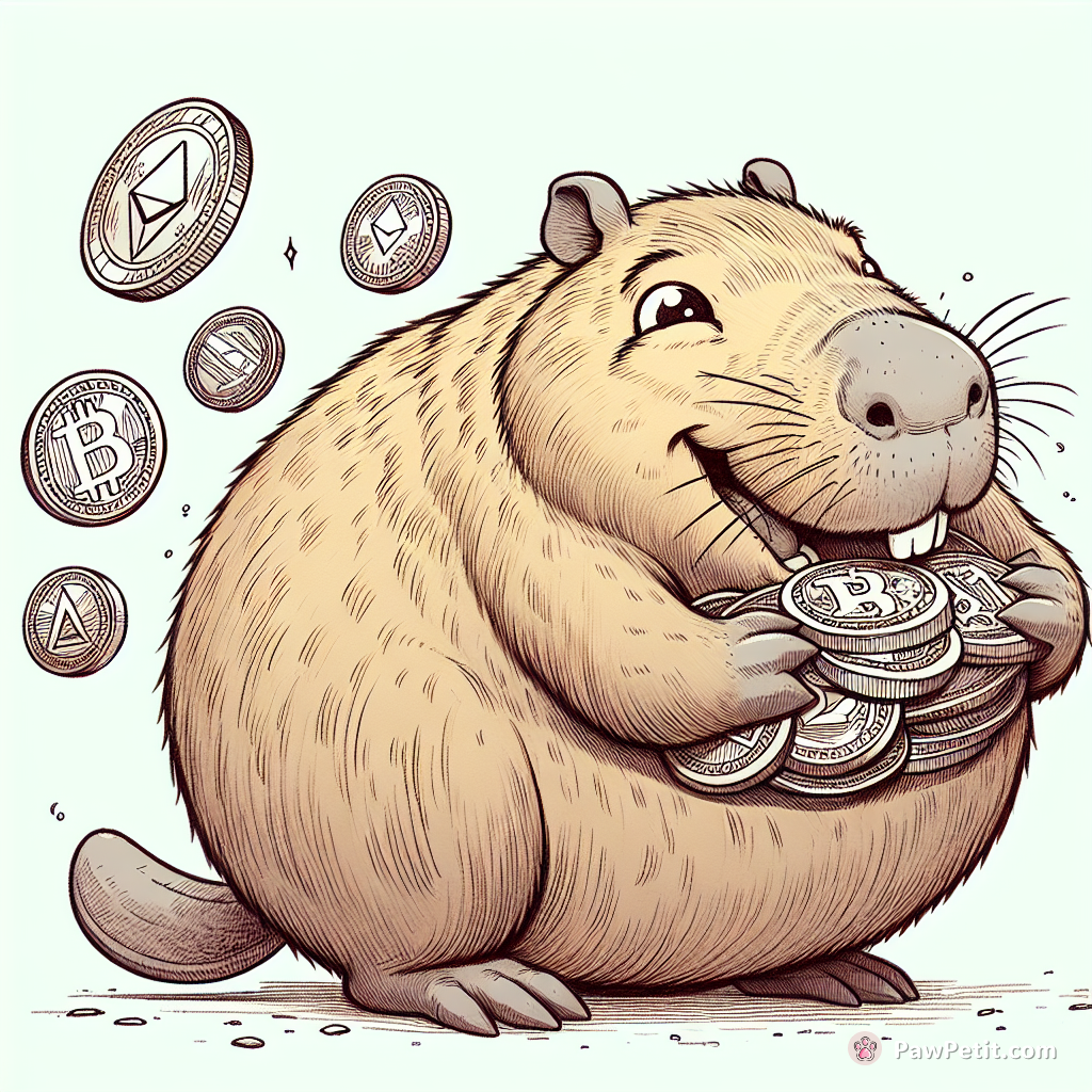 a fat one holding lots of cryptocoin, looking happy