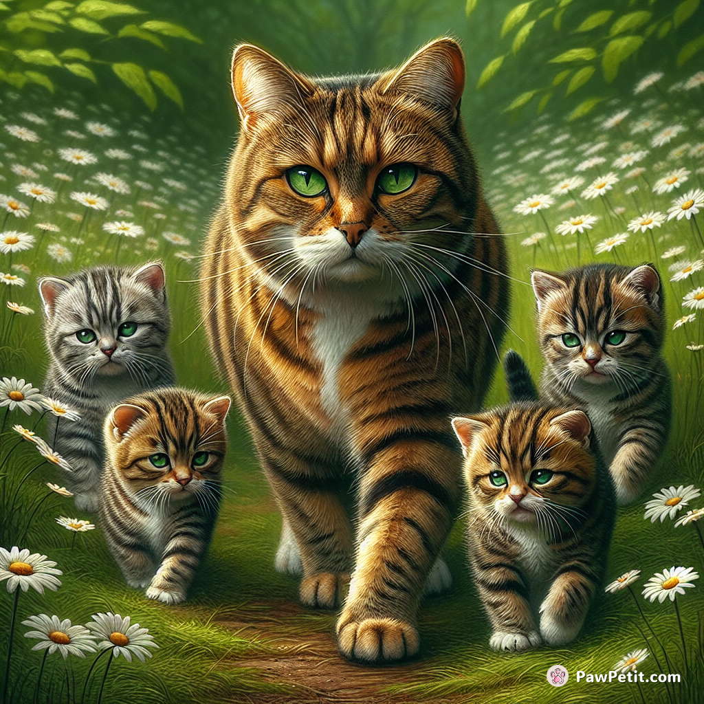 a mother tabby leading a few baby tabbies