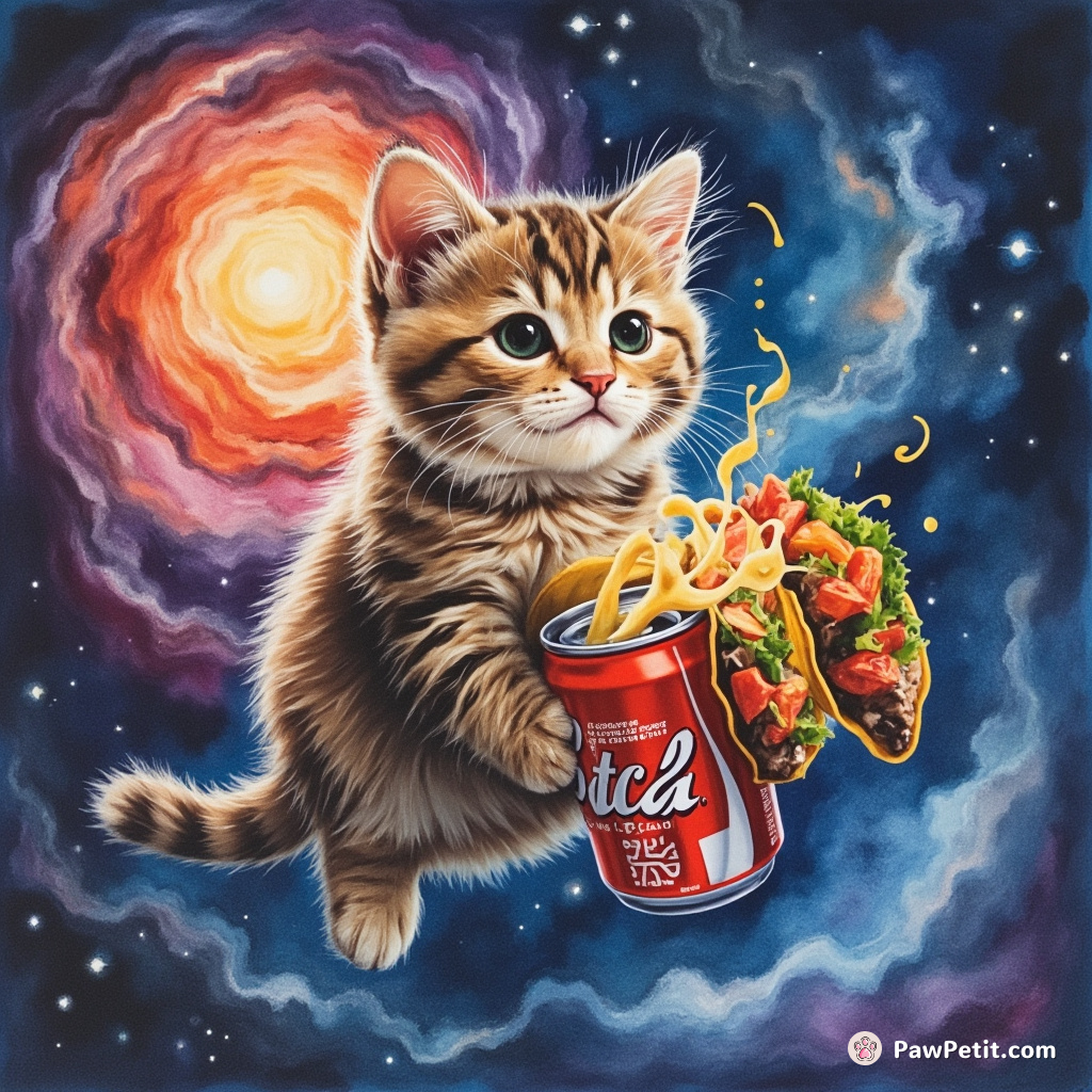 Cosmic cat floating with multicolour nebula bubbling out from a soda can enjoying space tacos.