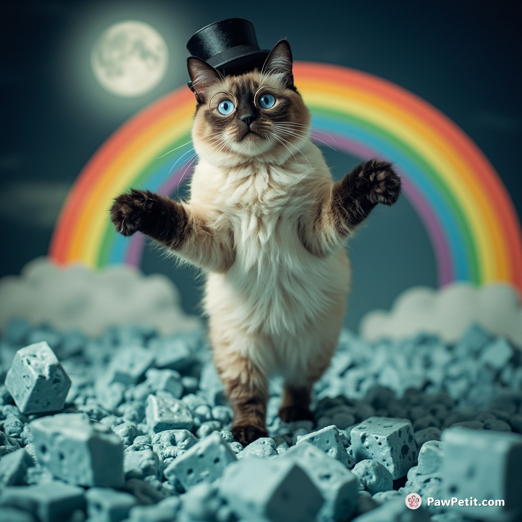 A cat moonwalking on a rainbow over an ocean of blue cheese with a monocle and top hat.