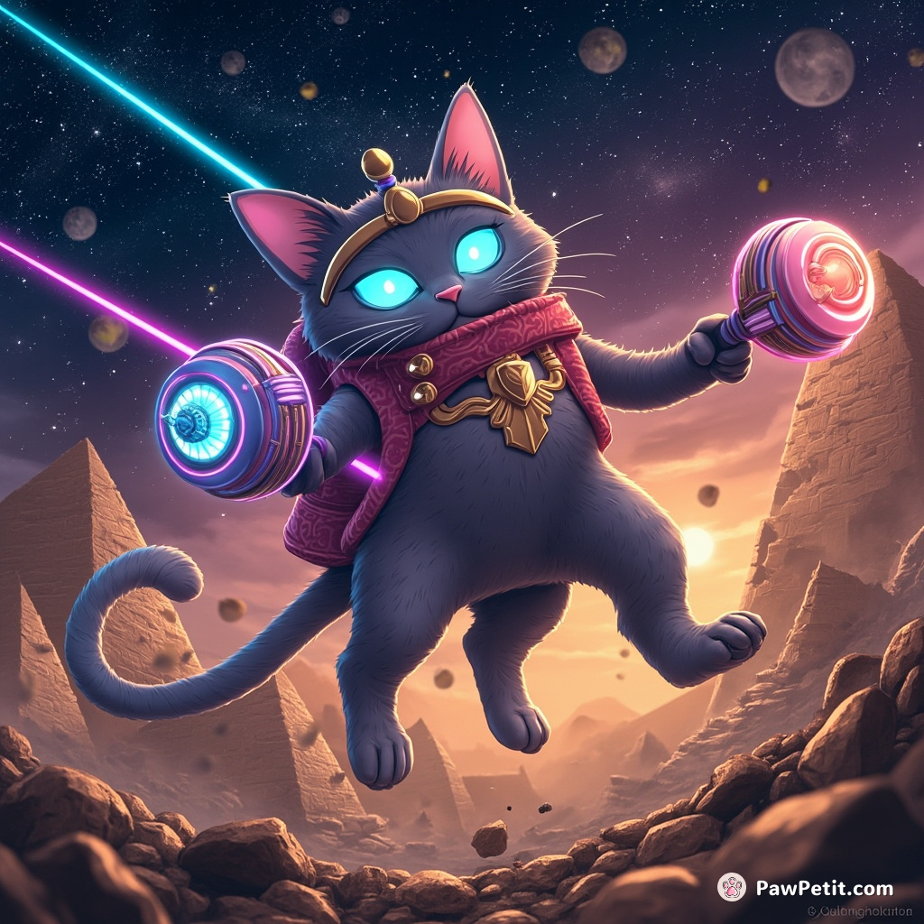 A neon-glowing spaceship cat battling Egyptian curse with futuristic laser yo-yos amidst crumbling pyramids under a starry cosmic sky.