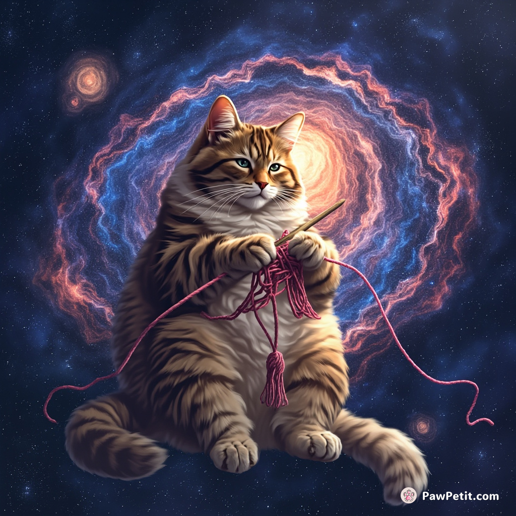 A giant tabby cat leisurely knitting a cosmic nebula with multi-colored strands of time, floating in the dreamy expanse of interstellar space.