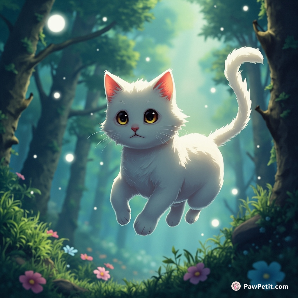The cat leapt gracefully through enchanted forests, chasing the shimmering tail of the elusive moonbeam.
