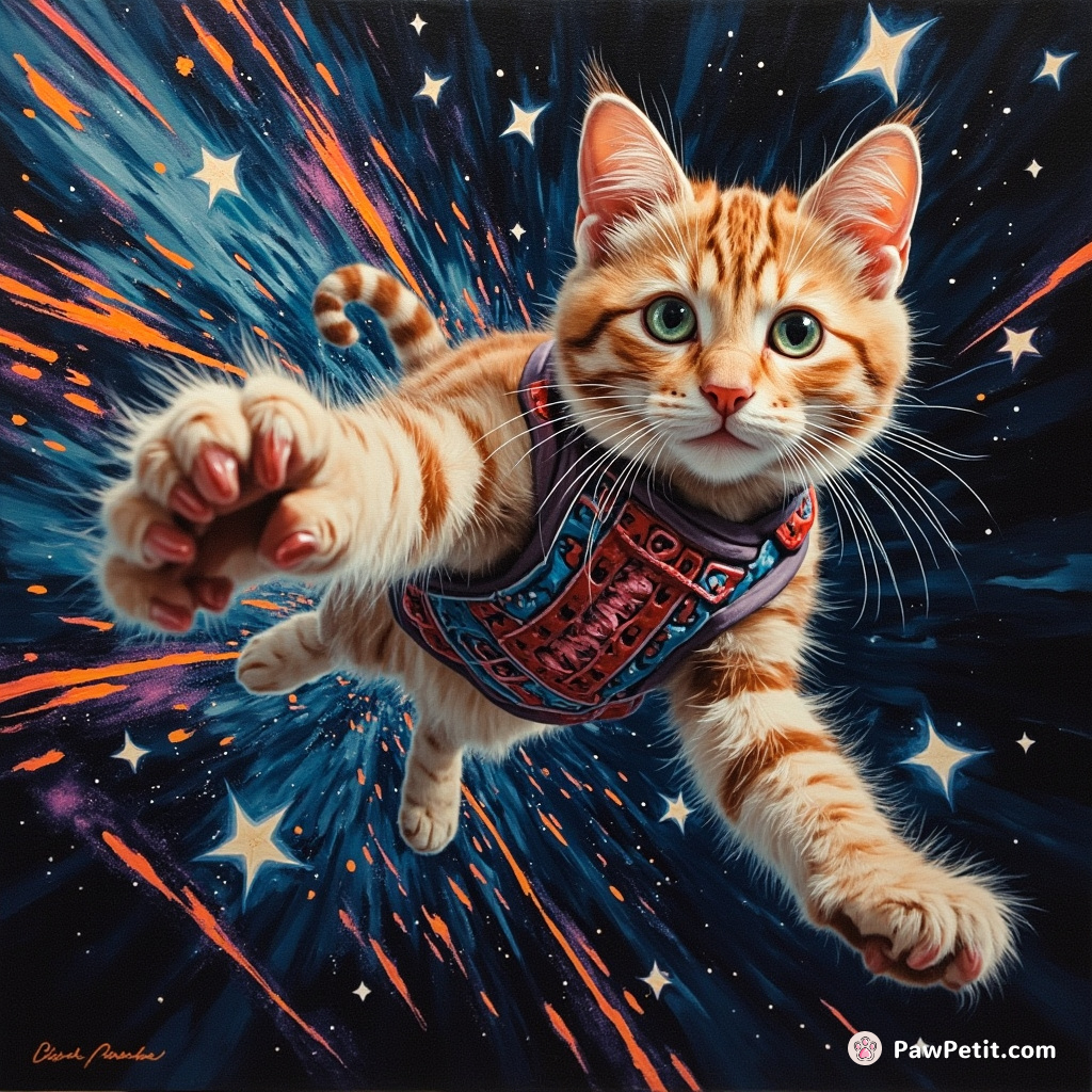 In a kaleidoscopic cybernetic odyssey, Digitas the Cat leaps across binary stars annihilating glitches with her quantum-paw swipe.