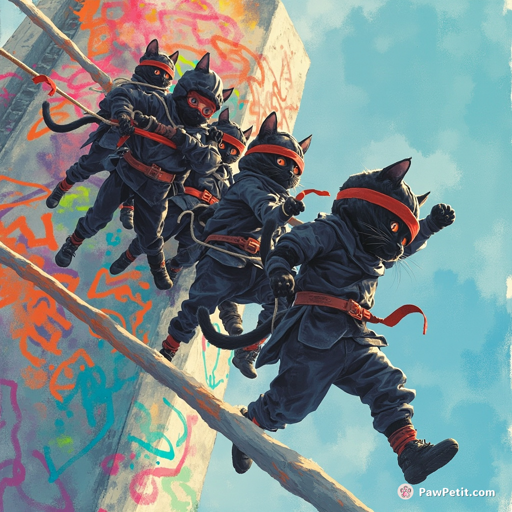 A squad of black cats in ninja costumes performing a rappelling stunt on a skyscraper covered in neon graffiti.